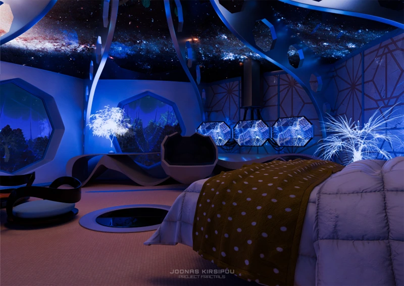 Night view render of a futuristic capsule interior by Joonas Kirsipuu